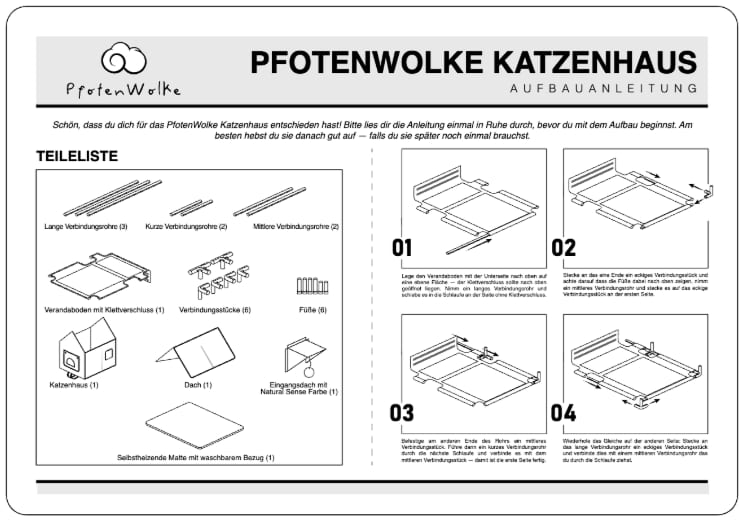 Erste Seite der PfotenWolke Aufbauanleitung mit Teileliste und Schritten 01 bis 04