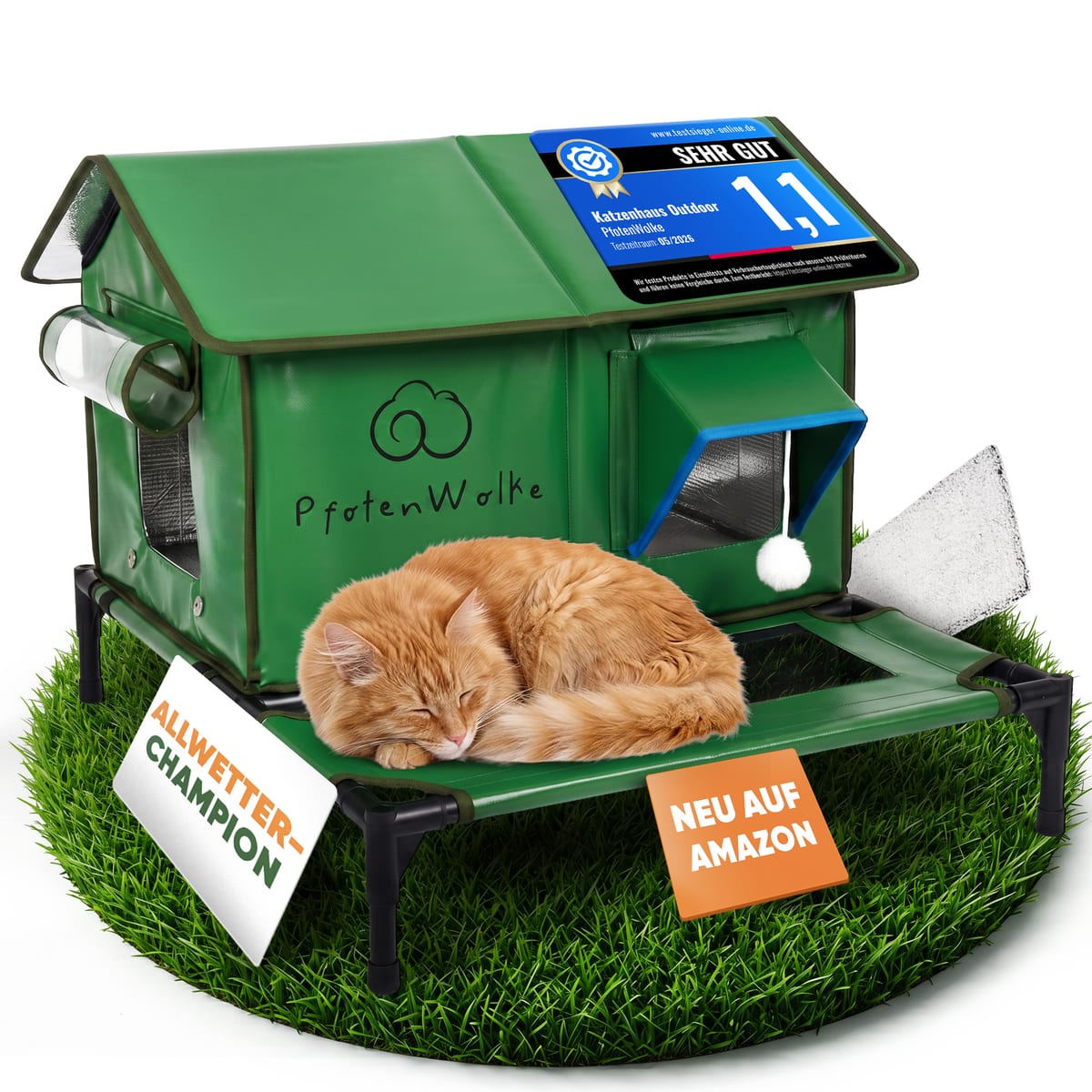 PfotenWolke Katzenhaus in der gewählten Farbvariante mit schlafender Katze und Testsiegel