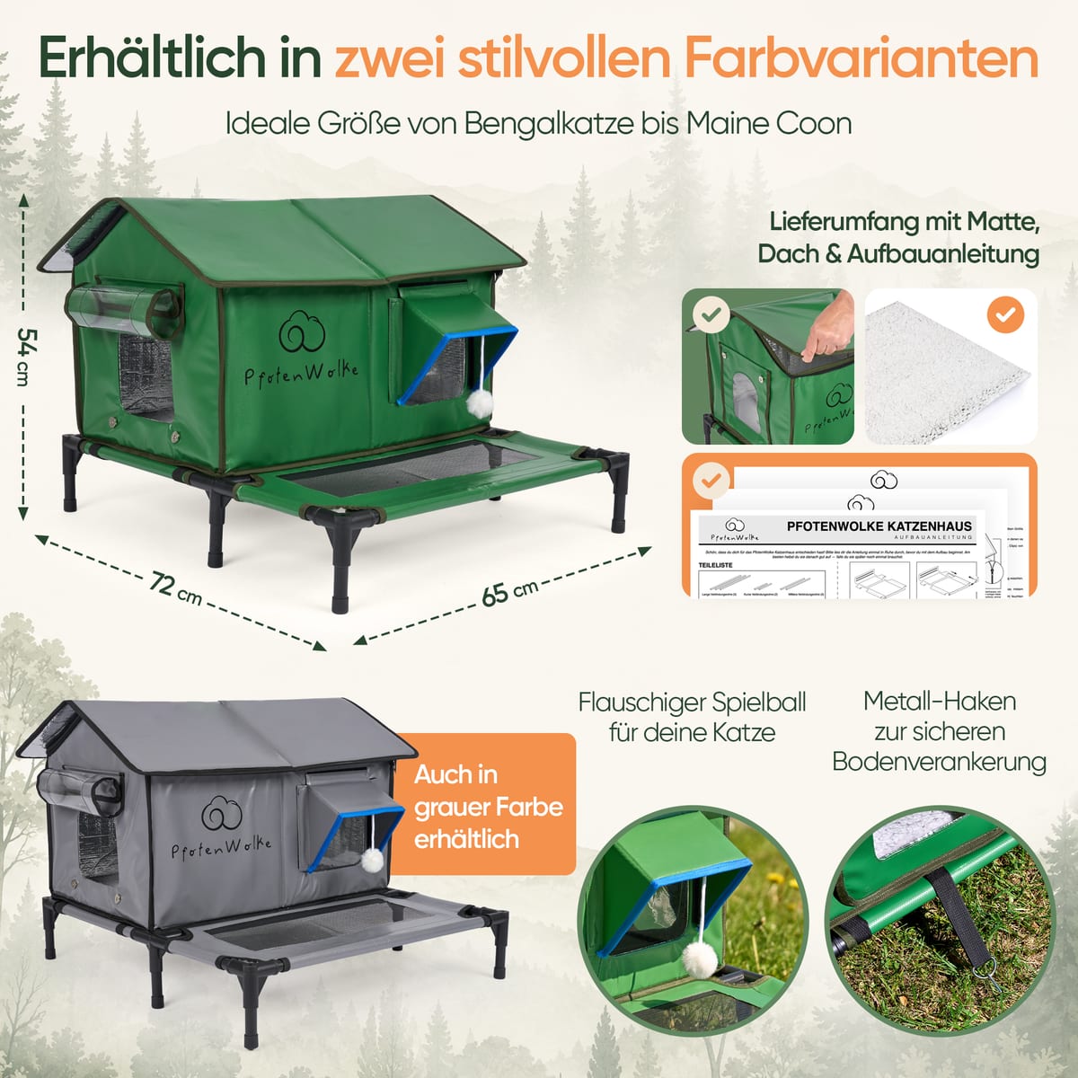 Maße des PfotenWolke Katzenhauses: 72 × 65 × 54 cm, Lieferumfang mit Matte, Dach und Anleitung
